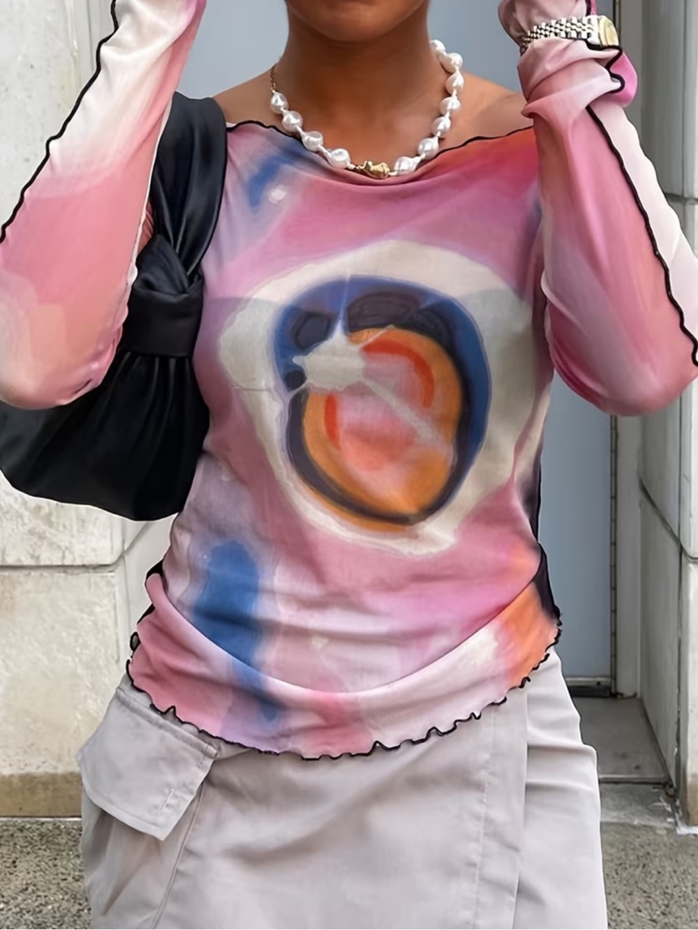 Women's Mesh Semi-sheer T-Shirt, Casual Crew Neck Long Sleeve T-Shirt, Casual - Picture 5 of 6